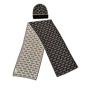 Michael Kors, black/ silver, MK logo scarf, 60" long and matching hat winter